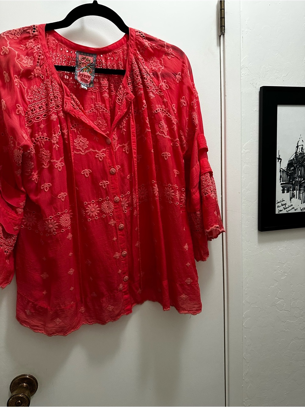 Johnny Was Coral Red Embroidered Button-Front Peasant Blouse